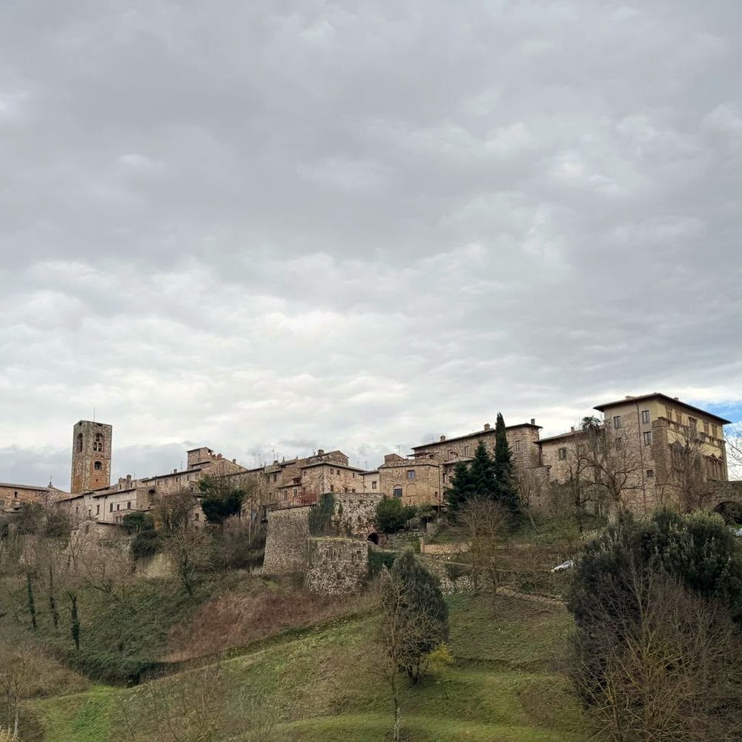 A hill town under a wide grey sky