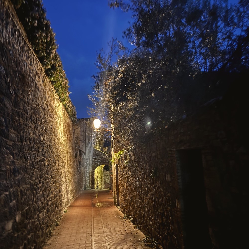 A lantern-lit alley at dusk